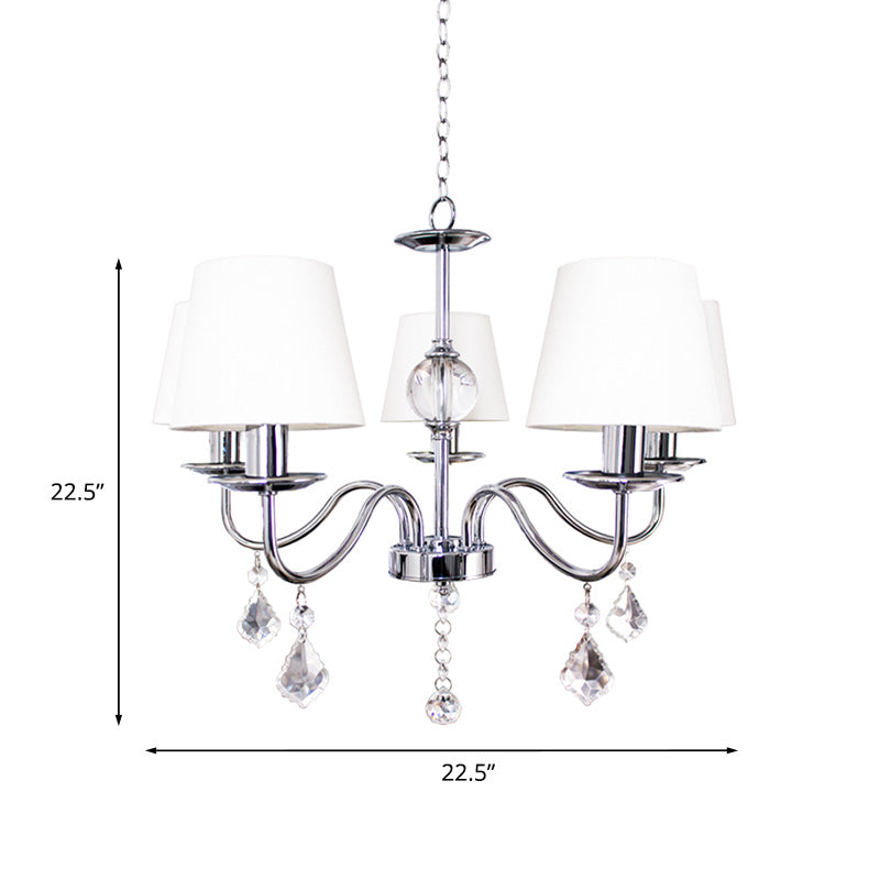 White-Chrome Fabric Cone Chandelier With Crystal Pendeloques - Modern Style 5 Heads