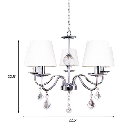 White-Chrome Fabric Cone Chandelier With Crystal Pendeloques - Modern Style 5 Heads