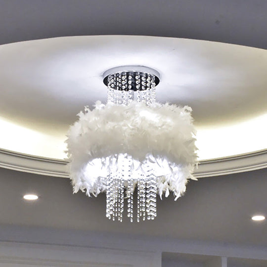 Modern Feather Drum Semi Flush Chandelier with Crystal Chain and 4 Bulbs for Bedroom Ceiling in Chrome