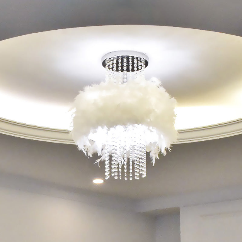 Modern Feather Drum Semi Flush Chandelier with Crystal Chain and 4 Bulbs for Bedroom Ceiling in Chrome