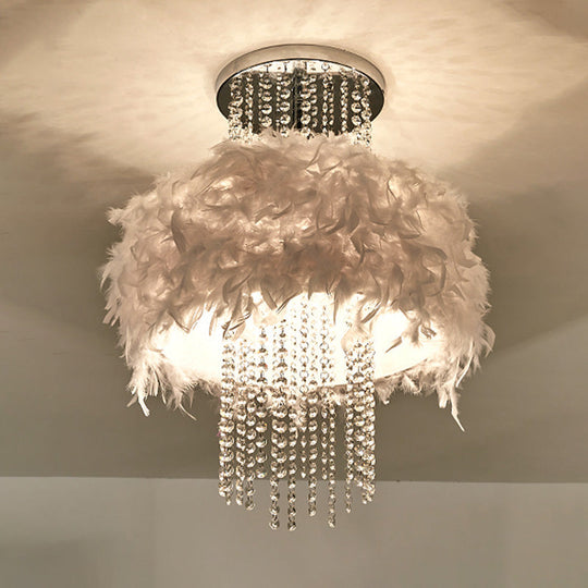 Modern Feather Drum Semi Flush Chandelier with Crystal Chain and 4 Bulbs for Bedroom Ceiling in Chrome