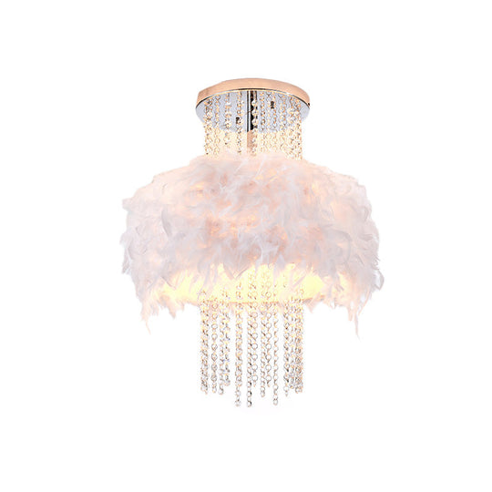 Modern Feather Drum Semi Flush Chandelier with Crystal Chain and 4 Bulbs for Bedroom Ceiling in Chrome