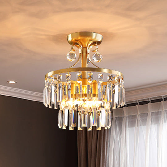 Postmodern Brass Drum Flush Mount Ceiling Light with Crystal Prism - 3 Lights