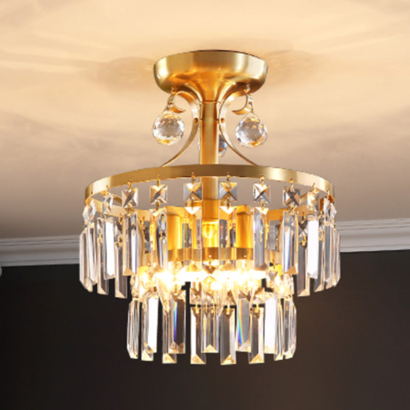 Postmodern Brass Drum Flush Mount Ceiling Light with Crystal Prism - 3 Lights