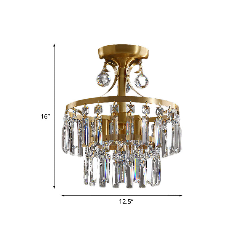 Postmodern Brass Drum Flush Mount Ceiling Light with Crystal Prism - 3 Lights