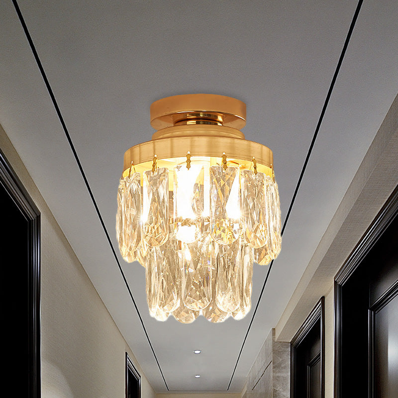 Gold Cylinder Pinecone Foyer Ceiling Lamp - Simple Crystal Design With Semi-Flush Mount 1 Bulb Light