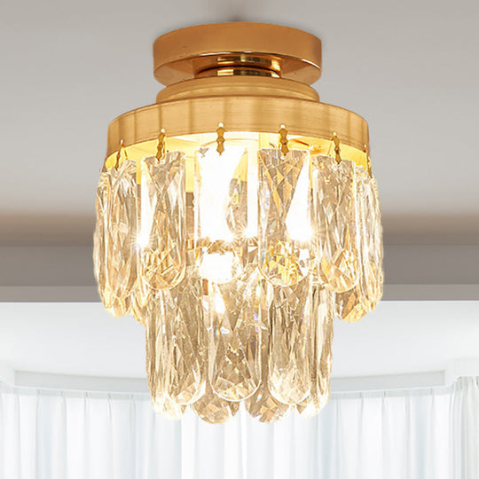 Gold Cylinder Pinecone Foyer Ceiling Lamp - Simple Crystal Design with Semi-Flush Mount - 1 Bulb Light Fixture