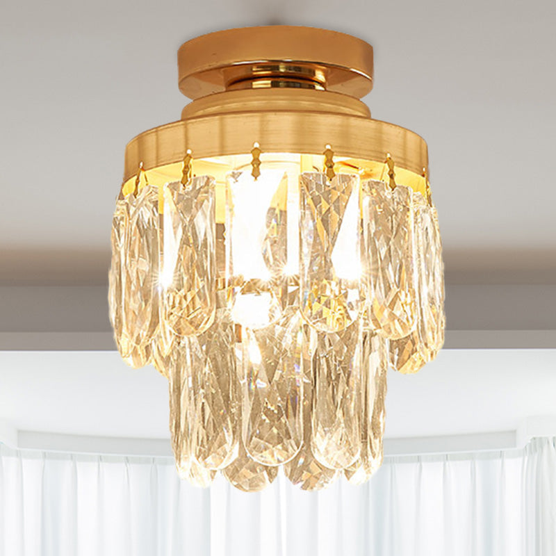 Gold Cylinder Pinecone Foyer Ceiling Lamp - Simple Crystal Design With Semi-Flush Mount 1 Bulb Light