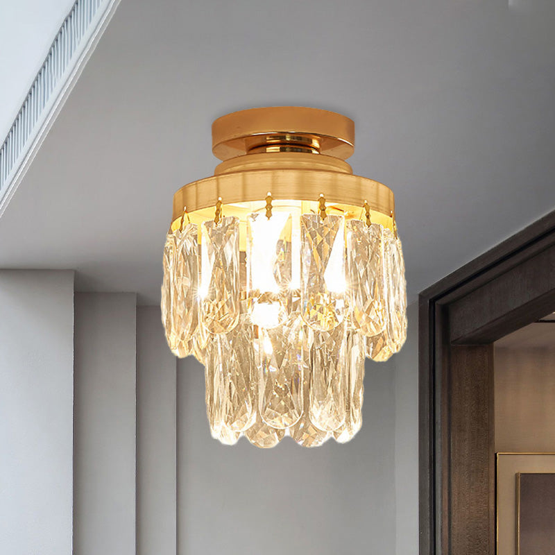 Gold Cylinder Pinecone Foyer Ceiling Lamp - Simple Crystal Design with Semi-Flush Mount - 1 Bulb Light Fixture