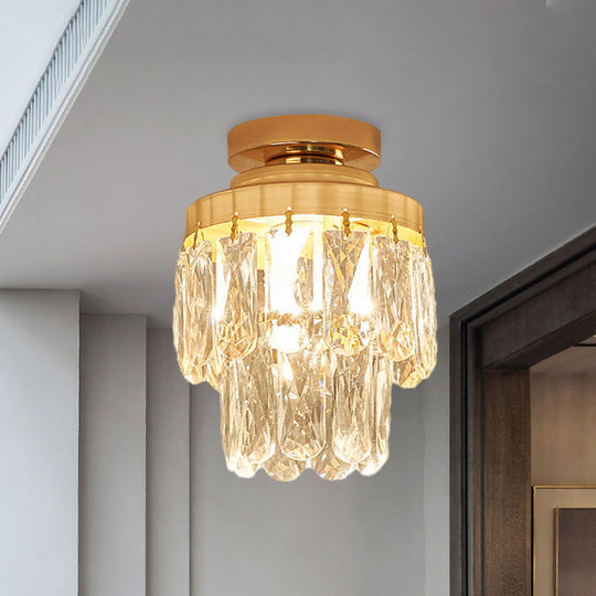 Gold Cylinder Pinecone Foyer Ceiling Lamp - Simple Crystal Design With Semi-Flush Mount 1 Bulb Light