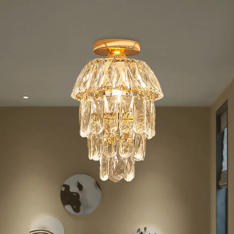 Gold Cylinder Pinecone Foyer Ceiling Lamp - Simple Crystal Design with Semi-Flush Mount - 1 Bulb Light Fixture