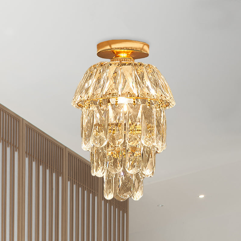 Gold Cylinder Pinecone Foyer Ceiling Lamp - Simple Crystal Design with Semi-Flush Mount - 1 Bulb Light Fixture