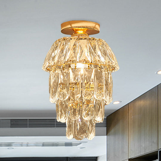 Gold Cylinder Pinecone Foyer Ceiling Lamp - Simple Crystal Design With Semi-Flush Mount 1 Bulb Light