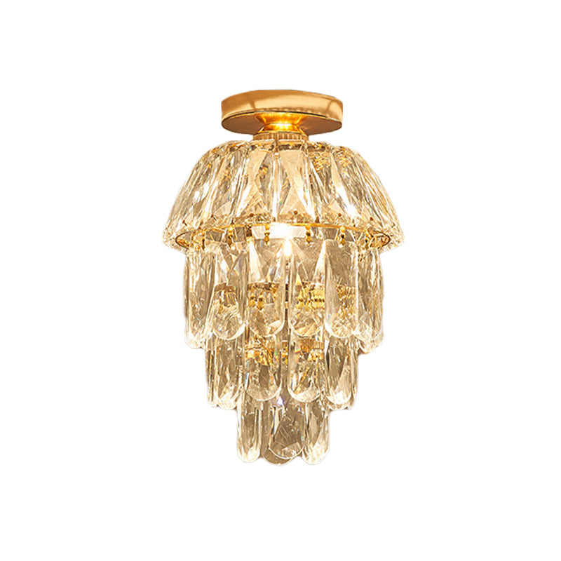 Gold Cylinder Pinecone Foyer Ceiling Lamp - Simple Crystal Design with Semi-Flush Mount - 1 Bulb Light Fixture