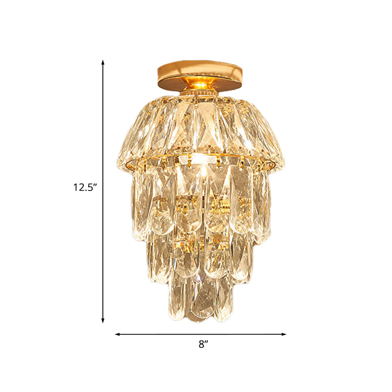 Gold Cylinder Pinecone Foyer Ceiling Lamp - Simple Crystal Design with Semi-Flush Mount - 1 Bulb Light Fixture