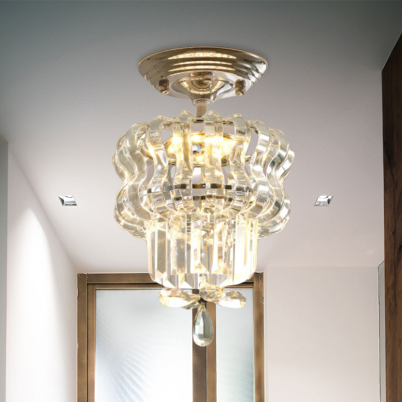 Simple Crystal 2-Tier LED Semi Flush Silver Light Fixture – Small Hallway Ceiling Lamp