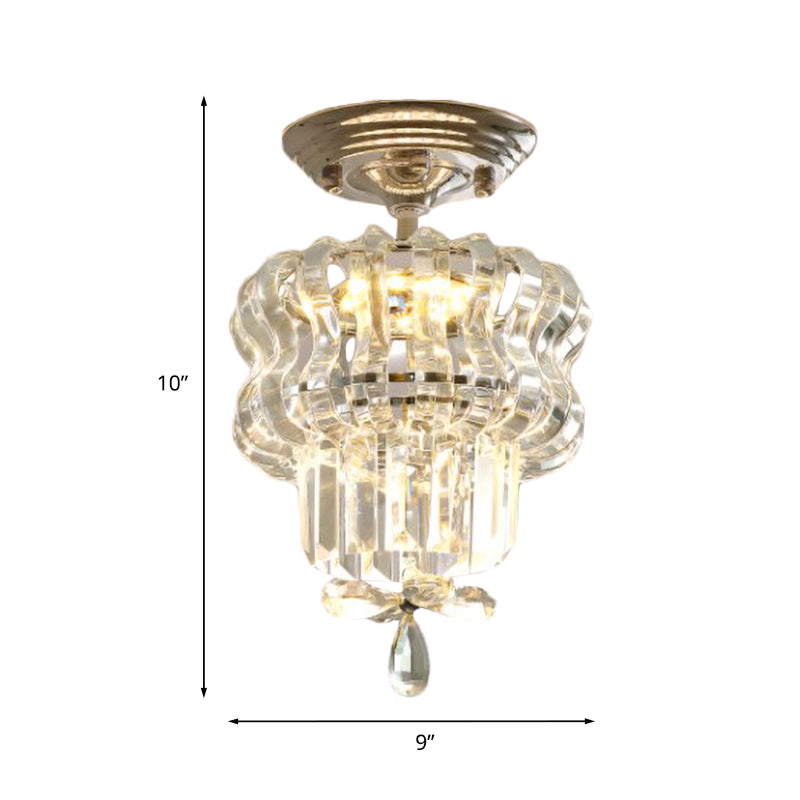 Simple Crystal 2-Tier Led Semi Flush Silver Light Fixture Small Hallway Ceiling Lamp