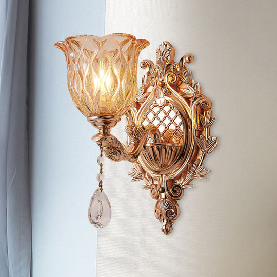 Amber Glass Floral Wall Light - Traditional Single Bulb Sconce Lighting In Gold