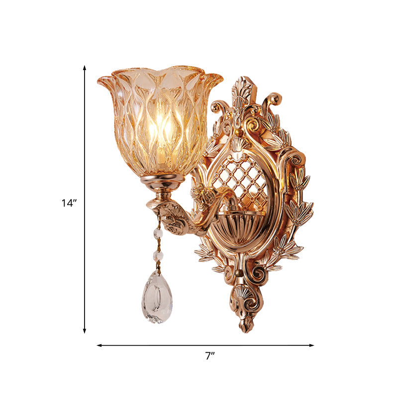 Amber Glass Floral Wall Light - Traditional Single Bulb Sconce Lighting In Gold