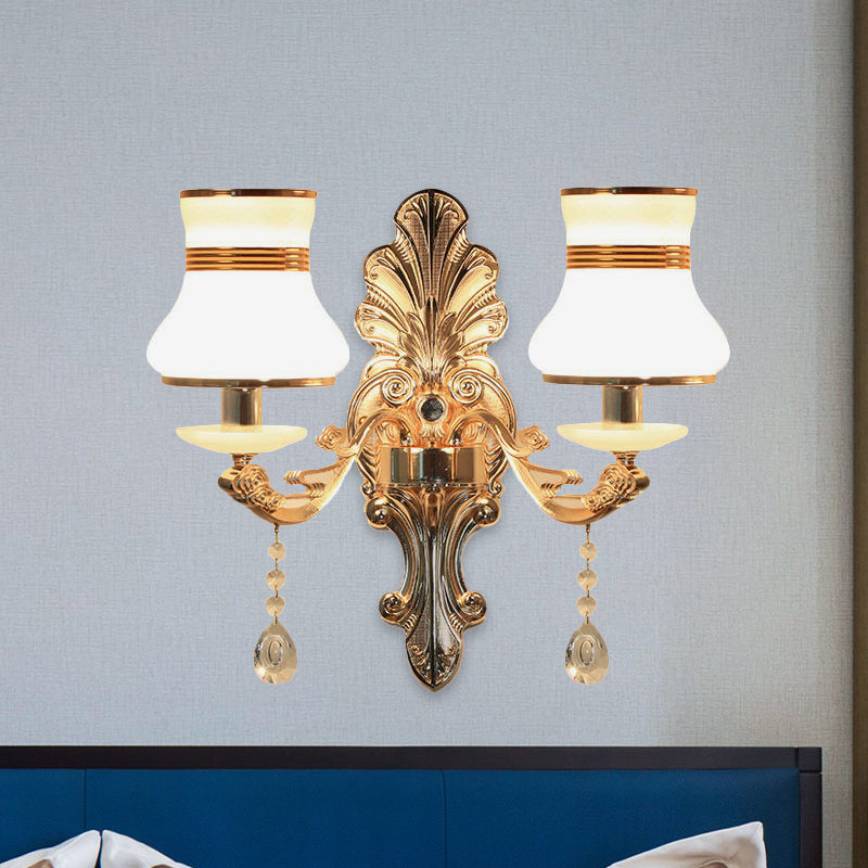 Traditional Frosted Glass Beaker Wall Sconce With Gold Finish - 2 Light Lamp