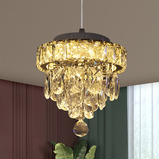 Modern Cut Crystal Led Pendant Light: Chrome Tiered Suspension Lamp For Dining Tables