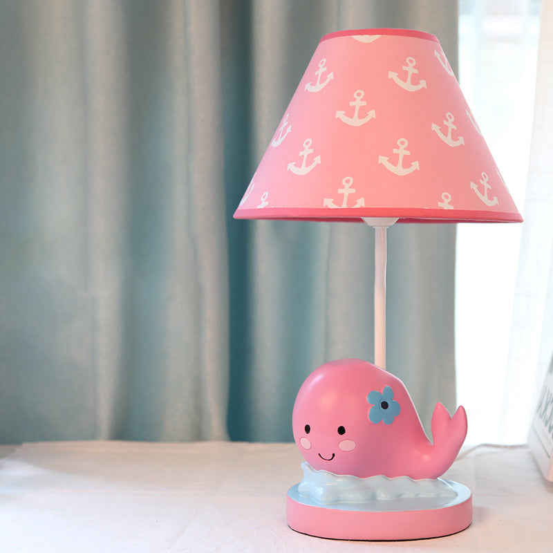 Pink Cartoon Whale Desk Lamp For Bedroom Nightstand - Small Resin With Barrel Fabric Shade