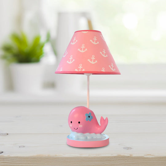 Pink Cartoon Whale Desk Lamp For Bedroom Nightstand - Small Resin With Barrel Fabric Shade