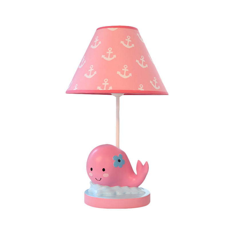 Pink Cartoon Whale Desk Lamp For Bedroom Nightstand - Small Resin With Barrel Fabric Shade