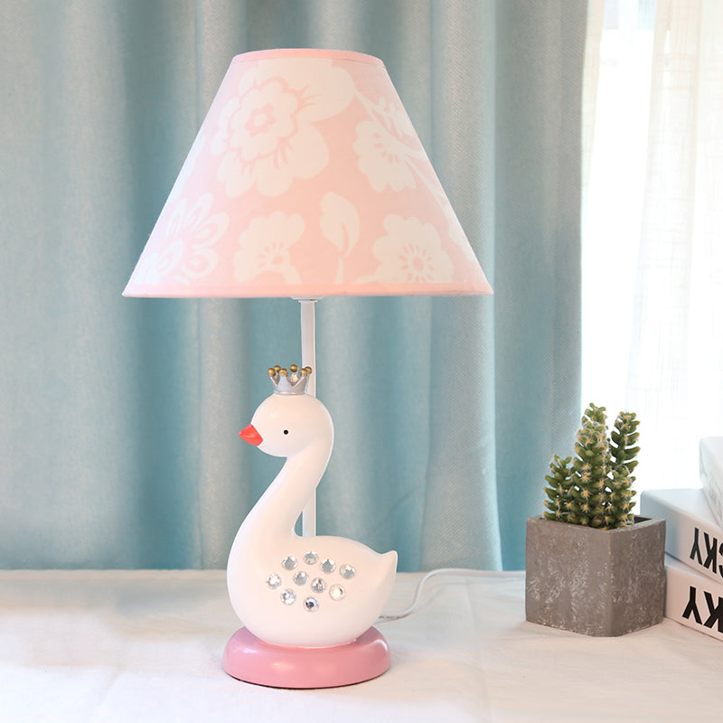 Cartoon Goose Night Light Reading Lamp With White Resin Base And Fabric Shade For Bedroom