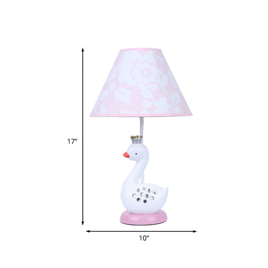 Cartoon Goose Night Light Reading Lamp With White Resin Base And Fabric Shade For Bedroom