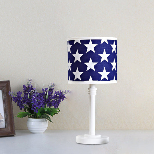 Modern Wood Drum Table Lamp With Star Pattern Blue Night Light