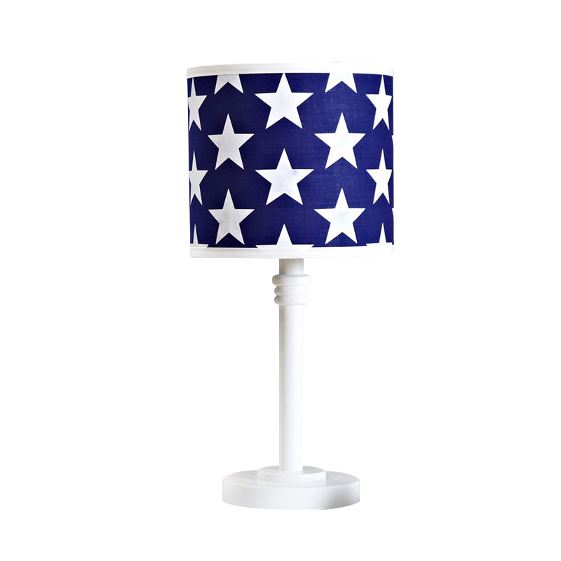 Modern Wood Drum Table Lamp With Star Pattern Blue Night Light