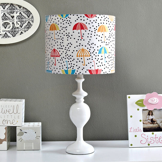 Licia - Resin Drum Desk Light: Contemporary White Nightstand Lamp with Fabric