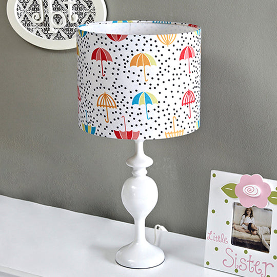 Contemporary Resin Drum Desk Light With Fabric Shade - White Nightstand Lamp (1 Bulb)