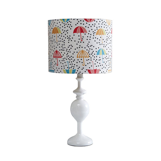 Contemporary Resin Drum Desk Light With Fabric Shade - White Nightstand Lamp (1 Bulb)