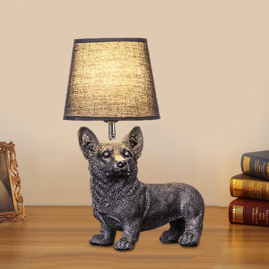 Sitting/Standing Dog Night Table Light - Creative Resin 1 Head Black Lamp With Barrel Fabric Shade