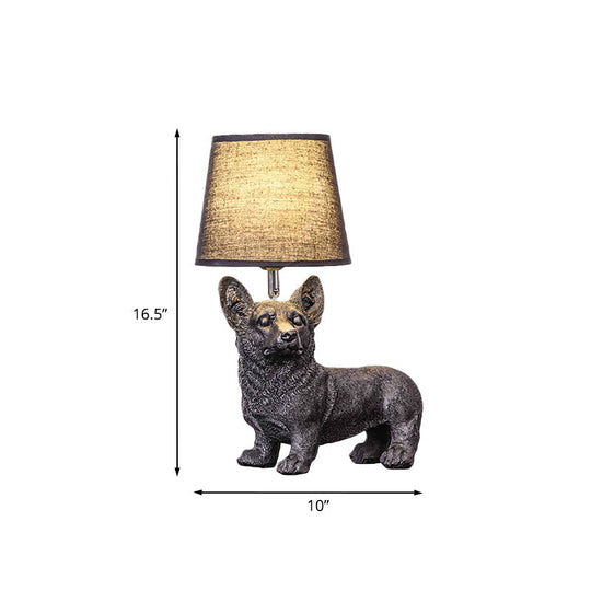 Sitting/Standing Dog Night Table Light - Creative Resin 1 Head Black Lamp With Barrel Fabric Shade