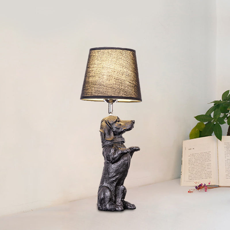 Sitting/Standing Dog Night Table Light - Creative Resin 1 Head Black Lamp With Barrel Fabric Shade