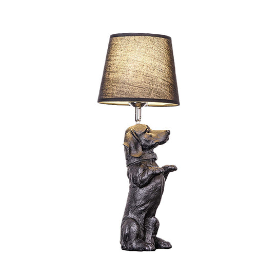 Sitting/Standing Dog Night Table Light - Creative Resin 1 Head Black Lamp With Barrel Fabric Shade