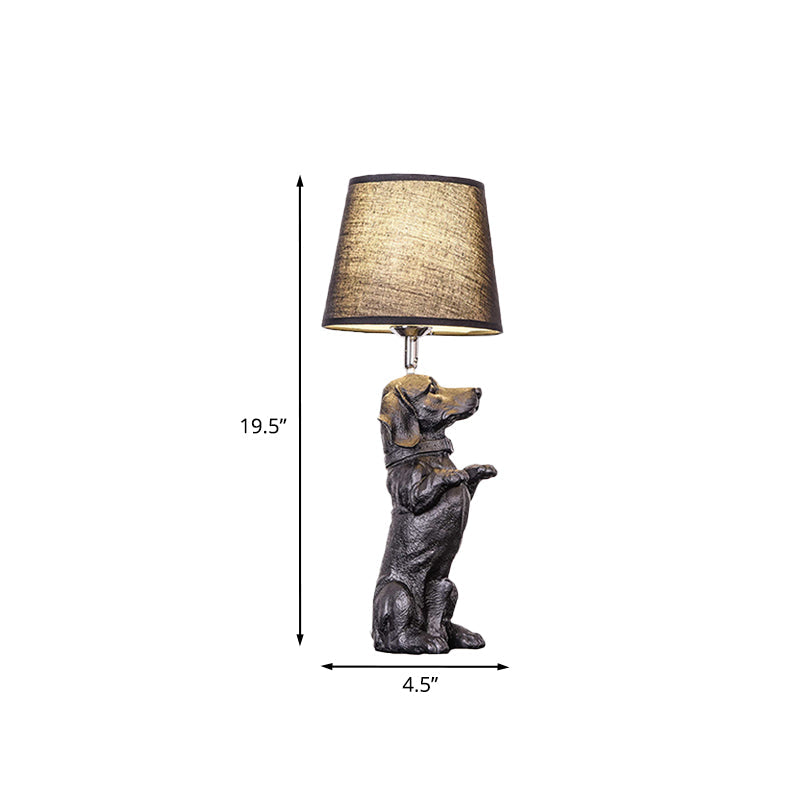 Sitting/Standing Dog Night Table Light - Creative Resin 1 Head Black Lamp With Barrel Fabric Shade