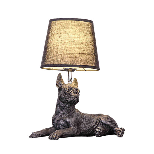 Sitting/Standing Dog Night Table Light - Creative Resin 1 Head Black Lamp With Barrel Fabric Shade