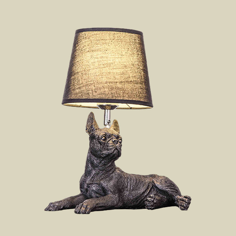 Sitting/Standing Dog Night Table Light - Creative Resin 1 Head Black Lamp With Barrel Fabric Shade