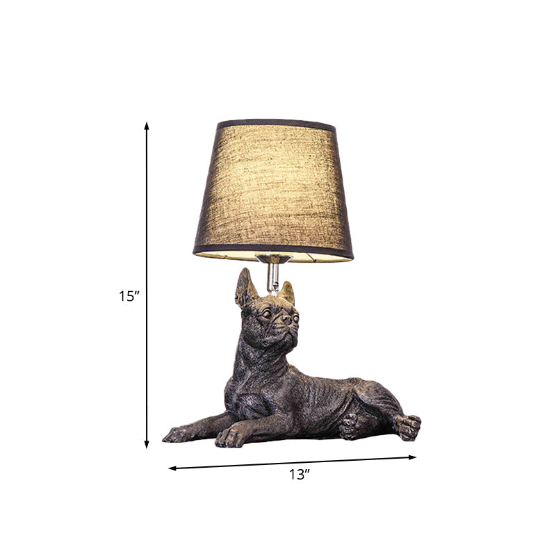 Sitting/Standing Dog Night Table Light - Creative Resin 1 Head Black Lamp With Barrel Fabric Shade