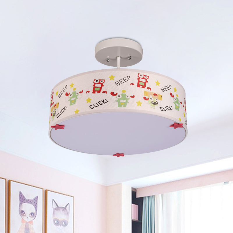 Cartoon Animal Print Semi Flush Ceiling Light with 3 Bulbs in White Fabric