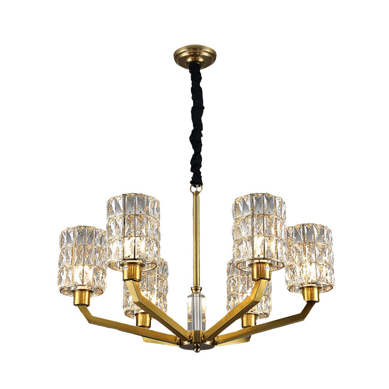 Gold Pendant Chandelier with Crystal Cylinder Shade - Modern Bedroom Lighting Fixture (6 Heads)