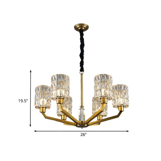 Modern Gold Bedroom Pendant Chandelier With Crystal Shade - 6 Heads Hanging Light Fixture