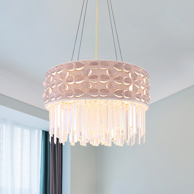 Minimal White Crystal Drum Chandelier - 4-Head Dining Room Pendant Lamp