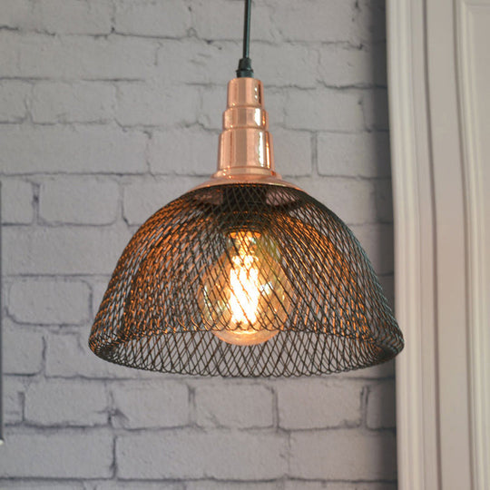 Industrial Metal Black Dome Mesh Pendant Light - Single Industrial Ceiling Hanging Fixture