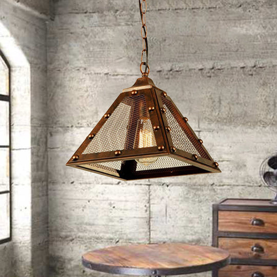 Rustic Riveted Hanging Lamp - Farmhouse Style Pendant Light with Mesh Pyramid Shade