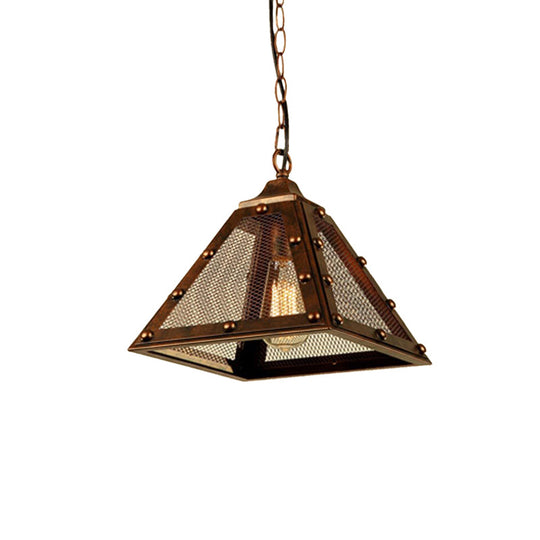 Rustic Riveted Hanging Lamp - Farmhouse Style Pendant Light with Mesh Pyramid Shade